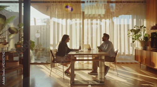 In a sunlit room, two people engage in a serious conversation at a modern table surrounded by greenery and glass walls.