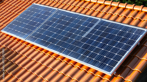 Solar Energy: Solar Panel on Orange-Tiled Roof with Blue Sunlight Reflection for Green Energy Promotion photo