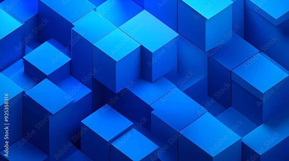 A vibrant abstract composition of blue geometric cubes and blocks.