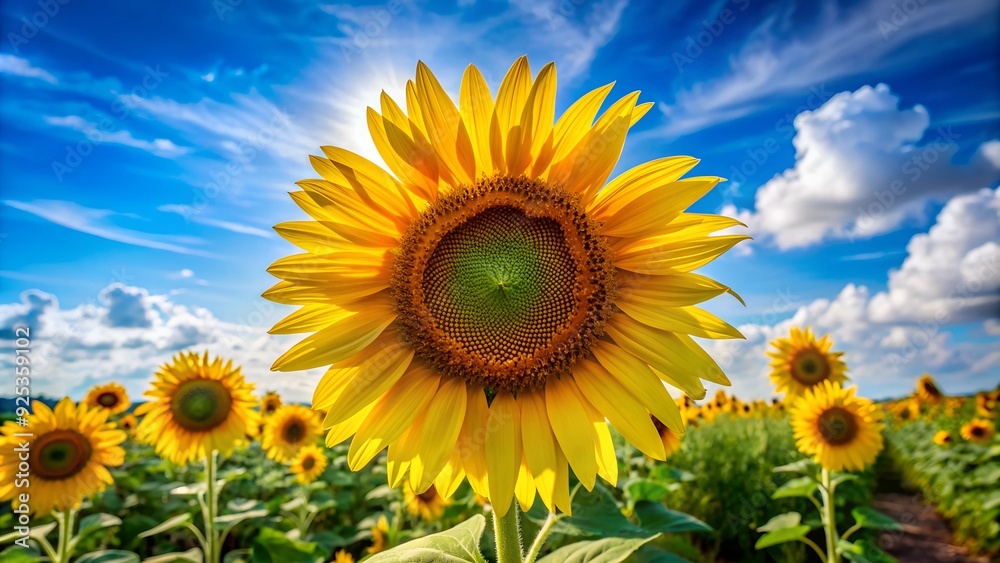 A close-up of a blooming sunflower under a bright blue sky A close-up of a blooming sunflower under a bright blue sky