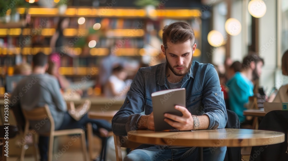 Fototapeta premium A focused man reads a book in a bustling café filled with patrons, their presence creating a dynamic background blur.