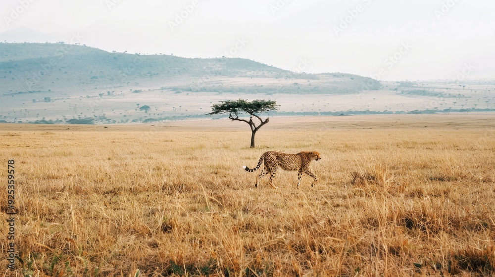 Naklejka premium A cheetah elegantly prowls an open, golden savanna, with a single acacia tree and misty hills creating a dreamy, expansive backdrop.