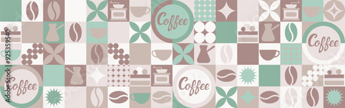 Coffee seamless background for textile and wallpaper with geometric shapes and coffee beans. Fashionable splash template with a cup in brown and green tones.