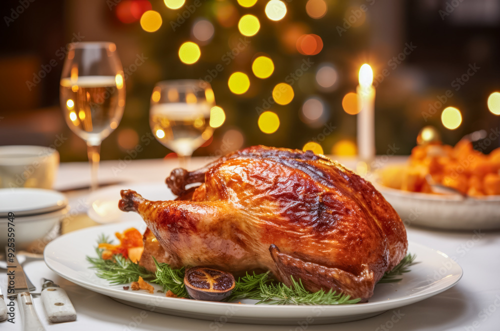Festlich gedeckter Tisch mit einer gebratenen Gans, Weihnachtsgans, Generative AI