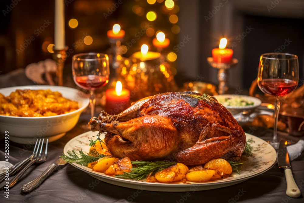 Festlich gedeckter Tisch mit einer gebratenen Gans, Weihnachtsgans, Generative AI