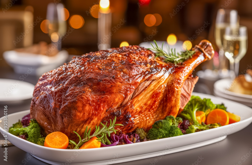 Festlich gedeckter Tisch mit einer gebratenen Gans, Weihnachtsgans, Generative AI