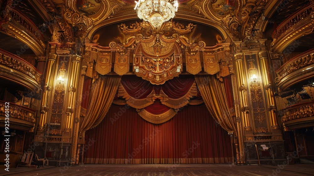 Fototapeta premium An opulent theater interior bathed in golden light, featuring grand drapes, ornate carvings, and a magnificent chandelier, evoking a sense of elegant grandeur.