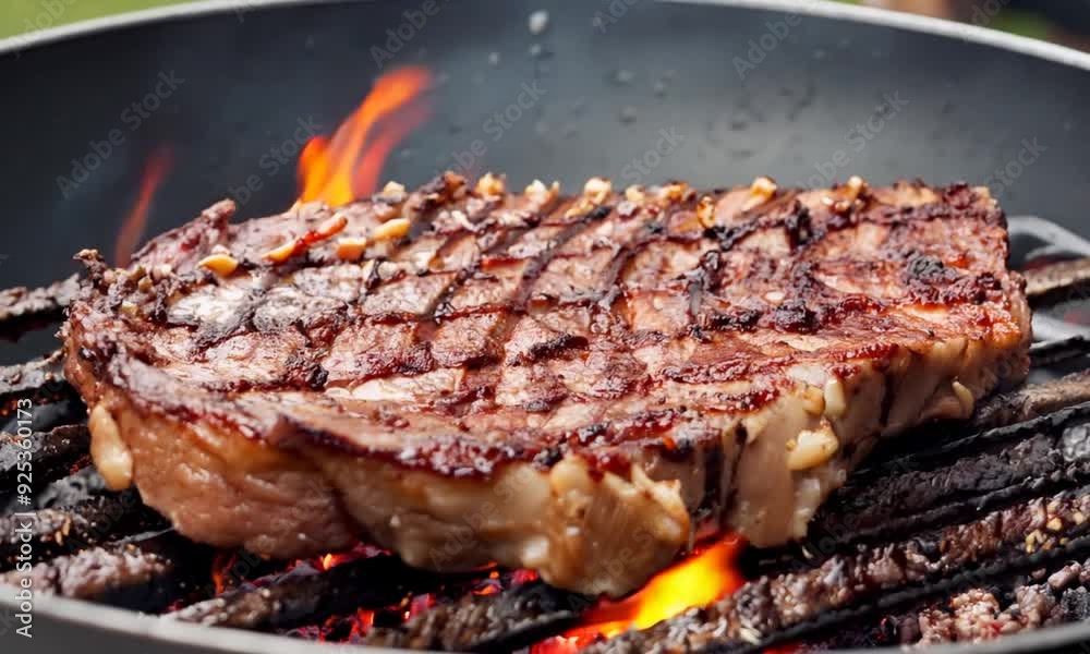 Beef steak is cooked on grill with sparks. Beef Rib BBQ Beef steak is cooked on grill with sparks. Beef Rib BBQ