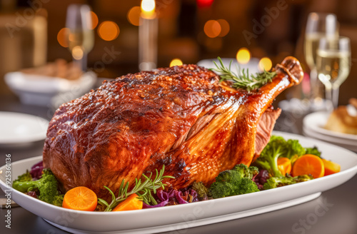 Obraz na płótnie Festlich gedeckter Tisch mit einer gebratenen Gans, Weihnachtsgans, Generative AI w salonie