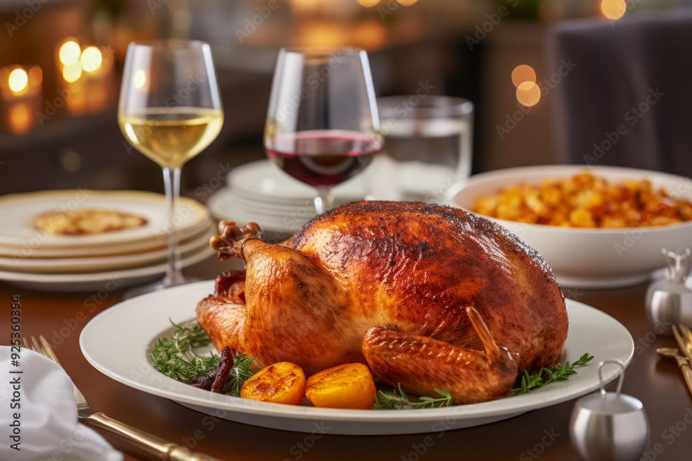 Festlich gedeckter Tisch mit einer gebratenen Gans, Weihnachtsgans, Generative AI