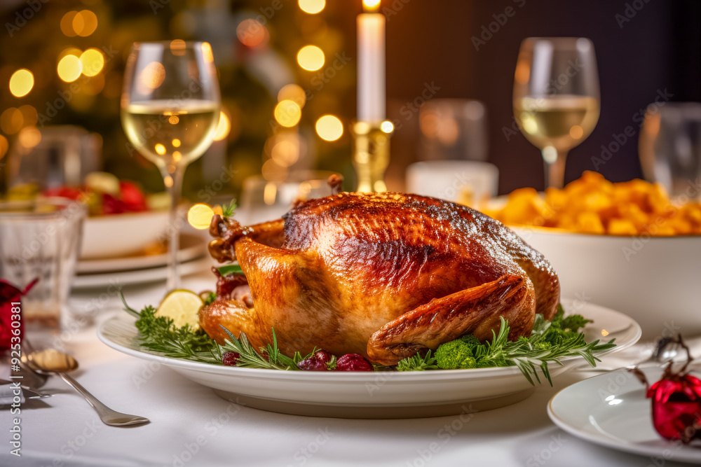 Festlich gedeckter Tisch mit einer gebratenen Gans, Weihnachtsgans, Generative AI