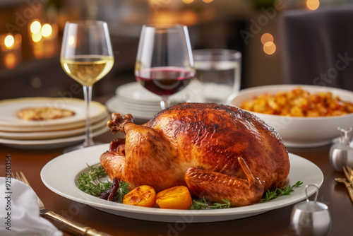 Obraz na płótnie Festlich gedeckter Tisch mit einer gebratenen Gans, Weihnachtsgans, Generative AI w salonie