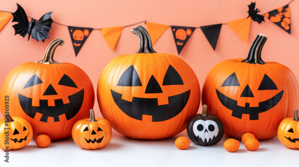 Close-up of jack-o'-lanterns with smiling faces on a festive Halloween table, surrounded by orange and black decorations on a soft peach background. Close-up of jack-o'-lanterns with smiling faces on a festive Halloween table, surrounded by orange and black decorations on a soft peach background.