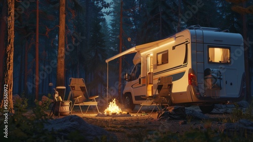 A serene camping scene with a lit campfire and cozy RV nestled in a tranquil forest, bathed in soft twilight, evokes a sense of adventure and relaxation.
