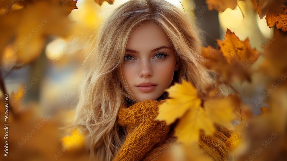 Portrait of a freckled girl among autumn leaves with orange and yellow tones in the background. Portrait of a freckled girl among autumn leaves with orange and yellow tones in the background.