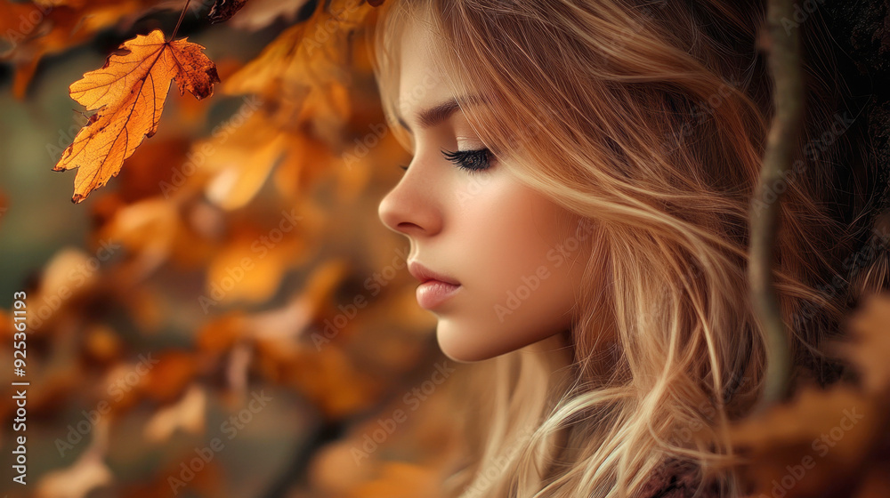 Portrait of a freckled girl among autumn leaves with orange and yellow tones in the background. Portrait of a freckled girl among autumn leaves with orange and yellow tones in the background.