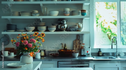 Sunlit kitchen with open shelves filled with dishes, utensils, and a vase of fresh flowers.