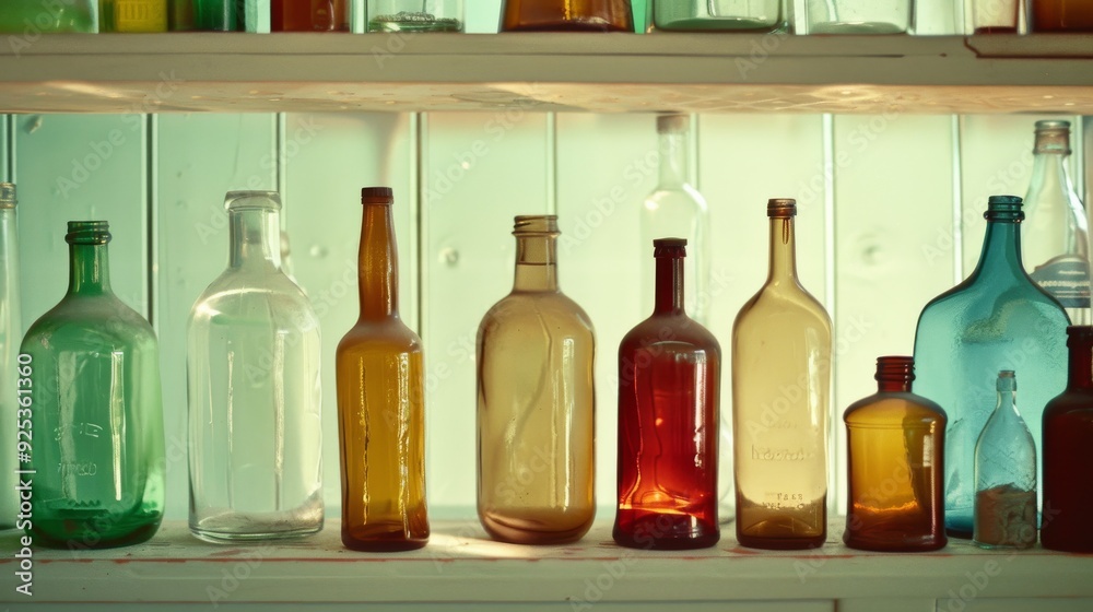 A vibrant assortment of glass bottles in varying shapes and colors displayed on bright shelving, creating a charming and artistic aesthetic. A vibrant assortment of glass bottles in varying shapes and colors displayed on bright shelving, creating a charming and artistic aesthetic.