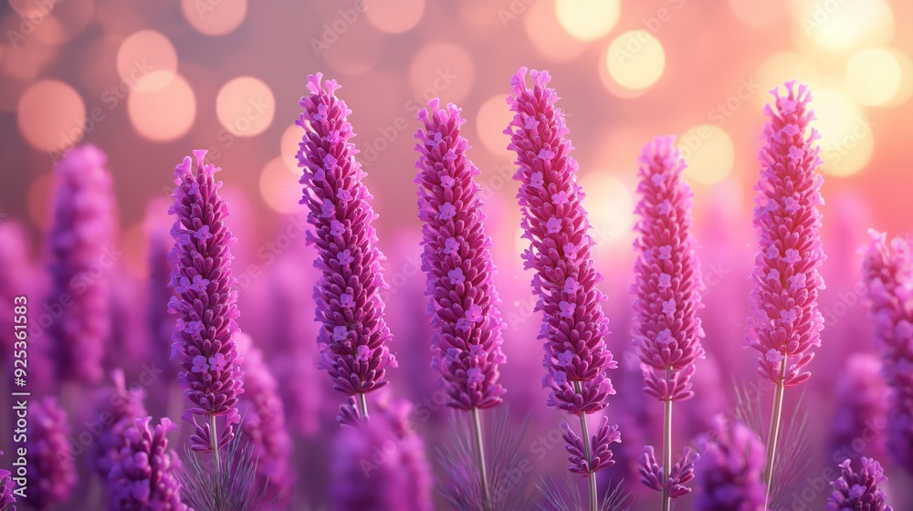 Fototapeta premium Close-Up of Blooming Lavender Flowers in a Field, with Soft Focus and Warm Evening Light, Creating a Tranquil and Dreamy Atmosphere