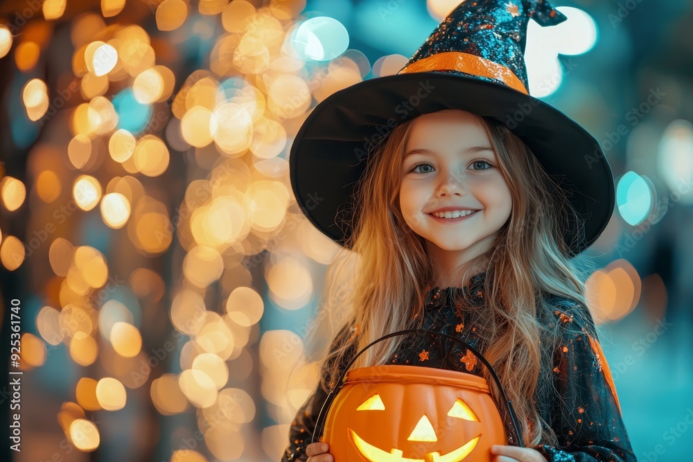 Little girl in a witch costume smiling with holding a candy basket a glowing jack-o'-lantern, surrounded by festive Halloween lights. Little girl in a witch costume smiling with holding a candy basket a glowing jack-o'-lantern, surrounded by festive Halloween lights.