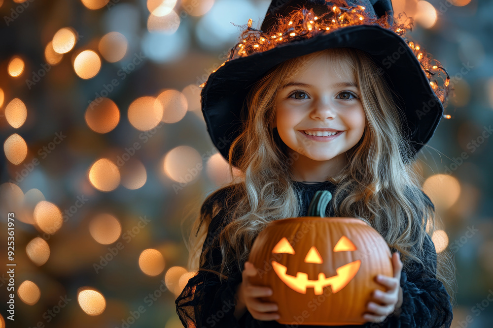 A young girl in a witch costume holding a glowing jack-o'-lantern, smiling brightly with city lights in the background. A young girl in a witch costume holding a glowing jack-o'-lantern, smiling brightly with city lights in the background.