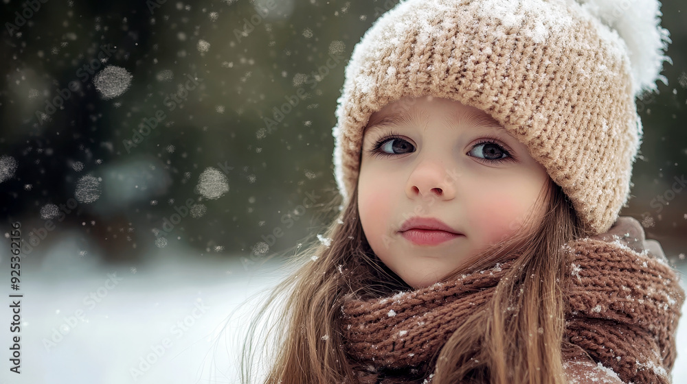 Little girl in a beige winter hat and scarf, standing outside in a gentle snowfall, looking serene. Little girl in a beige winter hat and scarf, standing outside in a gentle snowfall, looking serene.