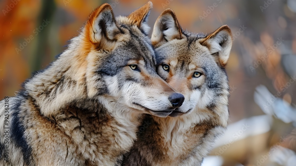 A Couple of wolves kissing each other in the snow falling in winter at a forest A Couple of wolves kissing each other in the snow falling in winter at a forest