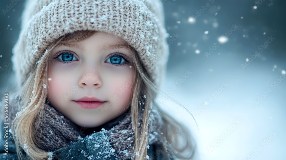 Little girl in a beige winter hat and scarf, standing outside in a gentle snowfall, looking serene. Little girl in a beige winter hat and scarf, standing outside in a gentle snowfall, looking serene.