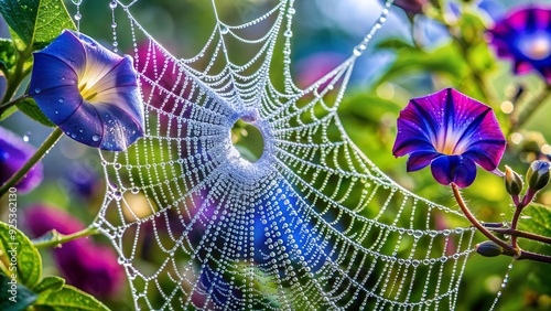 A close-up of a dew-covered spider web among morning glories