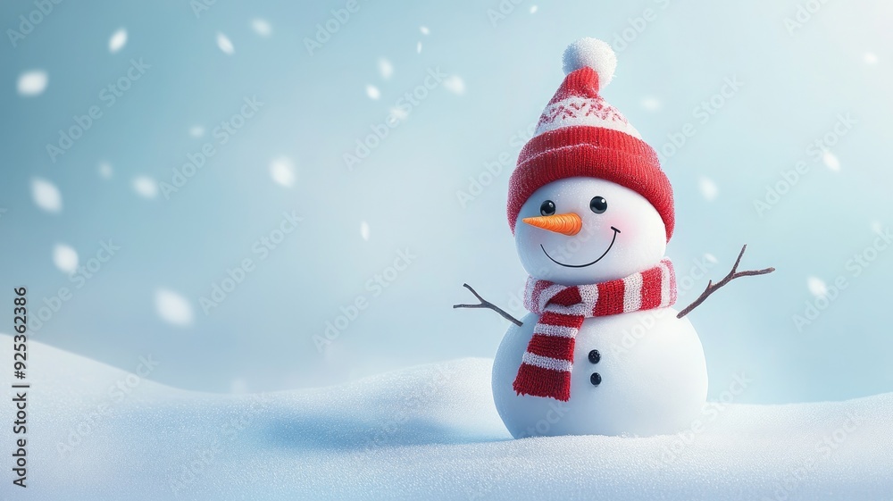 Fototapeta premium Cheerful snowman with a red hat and scarf, standing in a snowy landscape with soft falling snowflakes.
