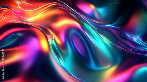 A vibrant abstract design featuring flowing waves of color and light.