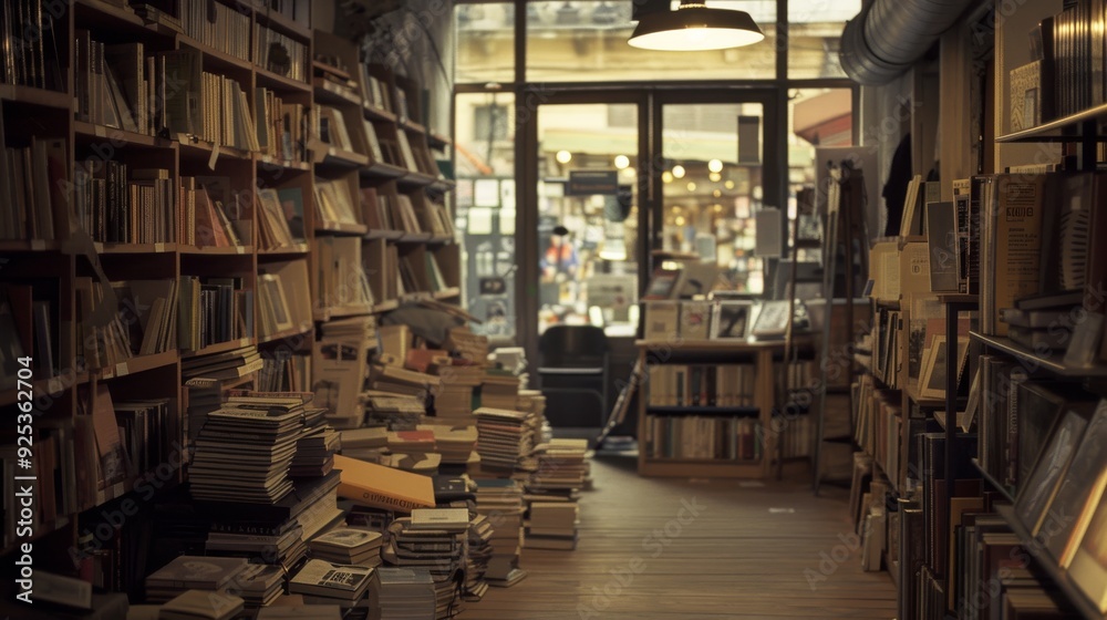 Obraz premium A cozy bookstore with wooden floors and shelves filled with books, leading to a softly lit street seen through a glass door.
