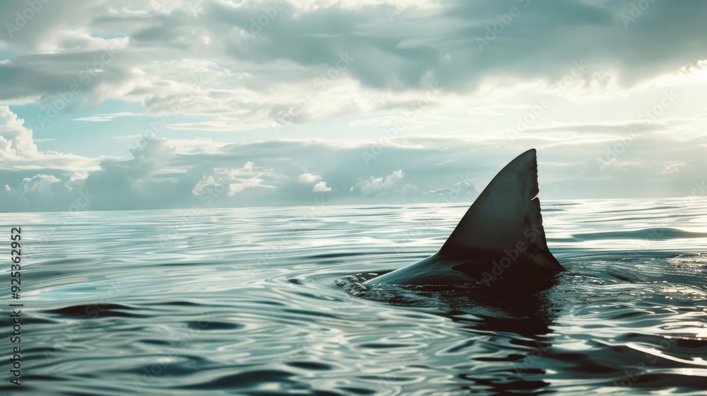 Fototapeta premium A lone shark fin cuts through the calm, reflective ocean surface under a moody, clouded sky, hinting at the mysterious life below.