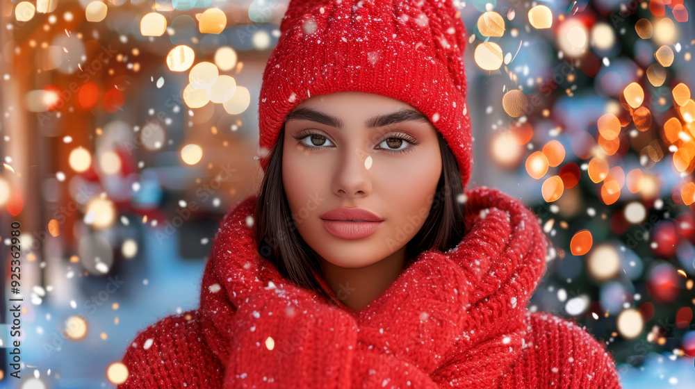 Christmas woman and red sweater snowy background. Happy girl in red winter holiday clothes against the background of bright lights and festive christmas winter weather Christmas woman and red sweater snowy background. Happy girl in red winter holiday clothes against the background of bright lights and festive christmas winter weather