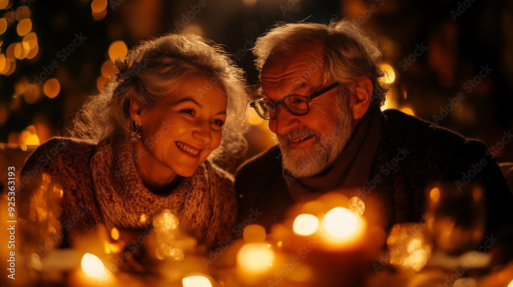 Elderly couple celebrating Christmas against a warm-lit, decorated Christmas tree background.
