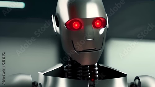 Video of futuristic humanoid robot with glowing red eyes, showcasing advanced cybernetic design in dark, high-tech environment, themes of artificial intelligence and robotic evolution photo