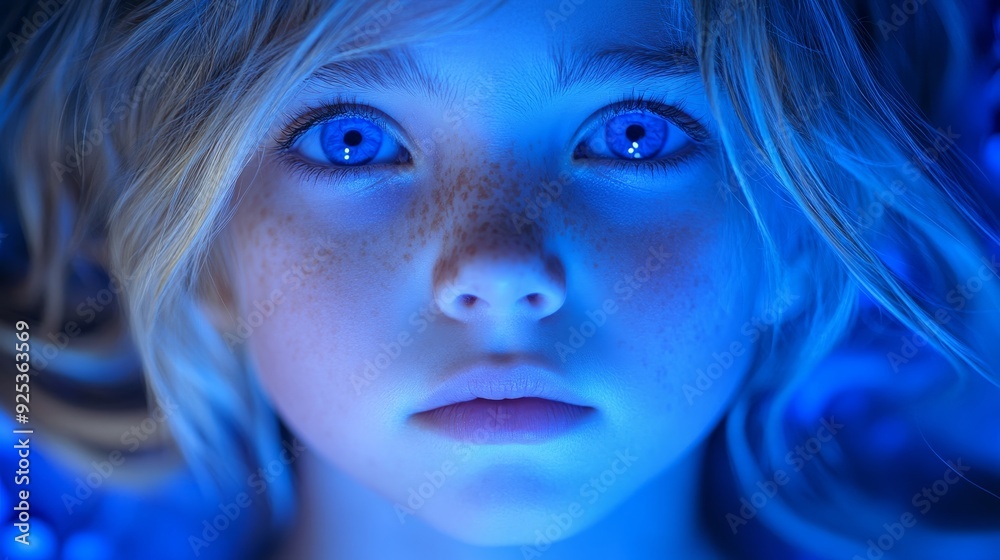 Close-up portrait of a young girl illuminated by blue light, creating a surreal and captivating atmosphere.