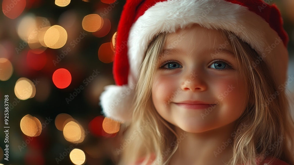 Christmas Girl with Santa Hat. Adorable girl in a Santa hat with bokeh Christmas lights in the background. Warm, festive atmosphere.