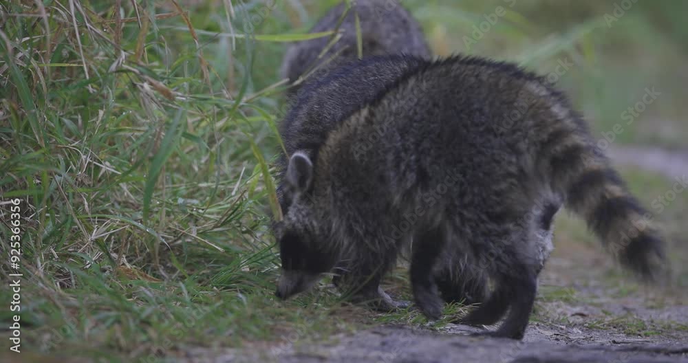Raccoons walking along path foraging for food Raccoons walking along path foraging for food