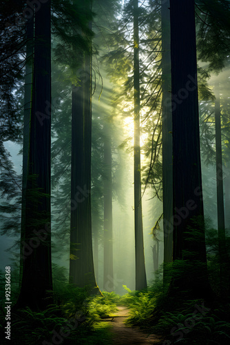 Sunlit Paradisiacal GS Forest: Mystical Dense Greenery Enveloped in Morning Mist