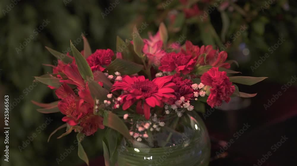 Centerpiece with glass vase and bouquet of gerbera flowers. Romantic restaurant decoration. Valentine's Day. Centerpiece with glass vase and bouquet of gerbera flowers. Romantic restaurant decoration. Valentine's Day.