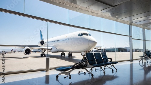 Aircraft Framed by Window in Busy Airport