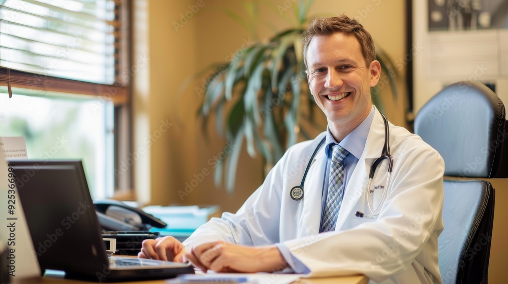 A young male doctor in a white coat smiles and sits at a desk in a bright office, ready to provide care. A young male doctor in a white coat smiles and sits at a desk in a bright office, ready to provide care.