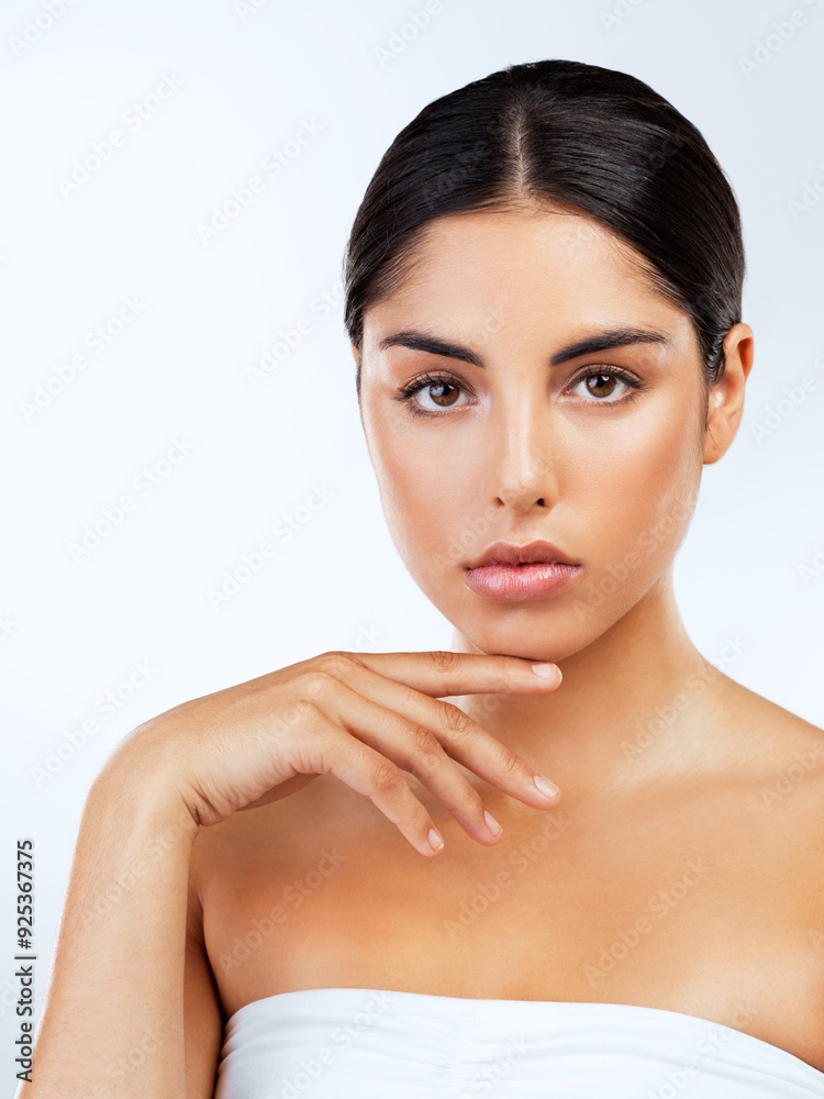 Studio, skincare and portrait of woman, serious and smooth with treatment of skin, anti aging and results. White background, confident and shine of face with cosmetic, beauty or dermatology for model Studio, skincare and portrait of woman, serious and smooth with treatment of skin, anti aging and results. White background, confident and shine of face with cosmetic, beauty or dermatology for model