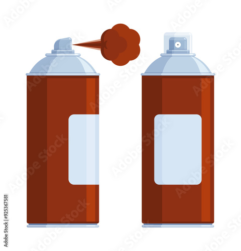 Set of brown spray paint cans with silver caps, one spraying paint. Flat vector illustration isolated on white background. Art supplies and graffiti concept. Perfect for creative projects