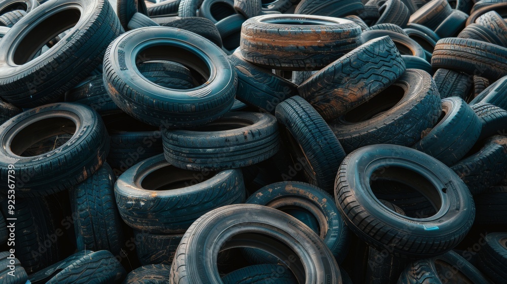 A large pile of used tires stacked haphazardly, showcasing the texture and variety of rubber surfaces under midday light. A large pile of used tires stacked haphazardly, showcasing the texture and variety of rubber surfaces under midday light.