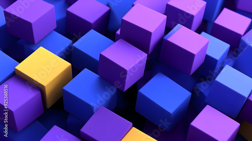 A vibrant arrangement of 3D cubes in purple, blue, and yellow colors.