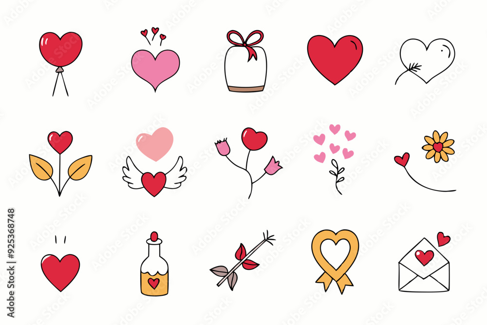 Set of 16 different hand drawn love collection art vector Set of 16 different hand drawn love collection art vector