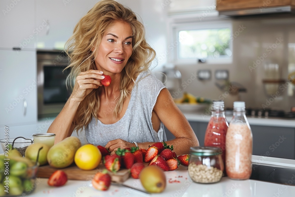 woman preparing and eating fruit before making a smoothie woman preparing and eating fruit before making a smoothie