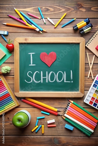 I Love School Chalkboard, chalk text with red heart on blackboard with multi color ruler frame for preschool, daycare, kindergarten, elementary, nursery school